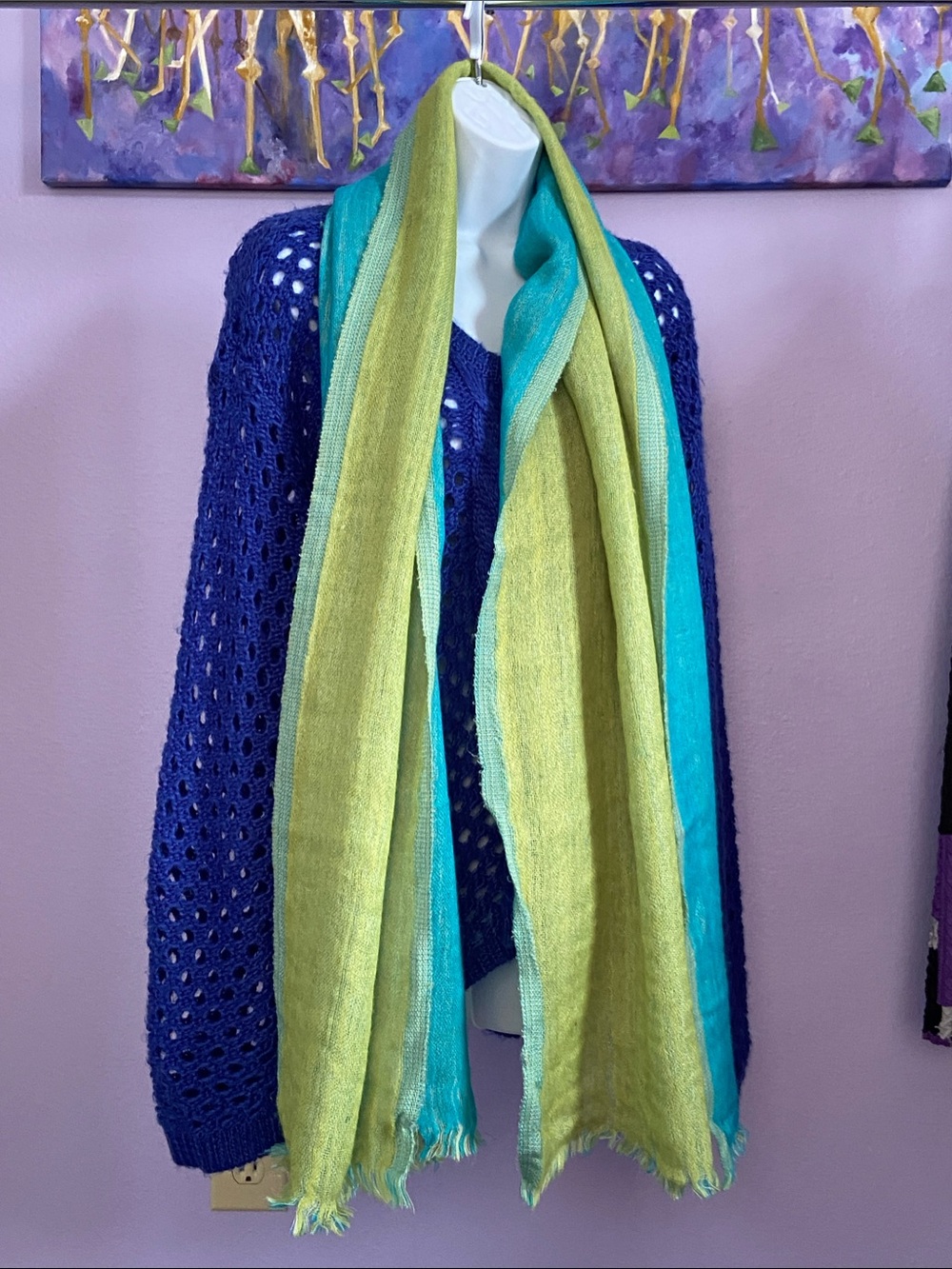 Cashmere Two-Tone Fringe wrap Scarf in Teal and yellow.